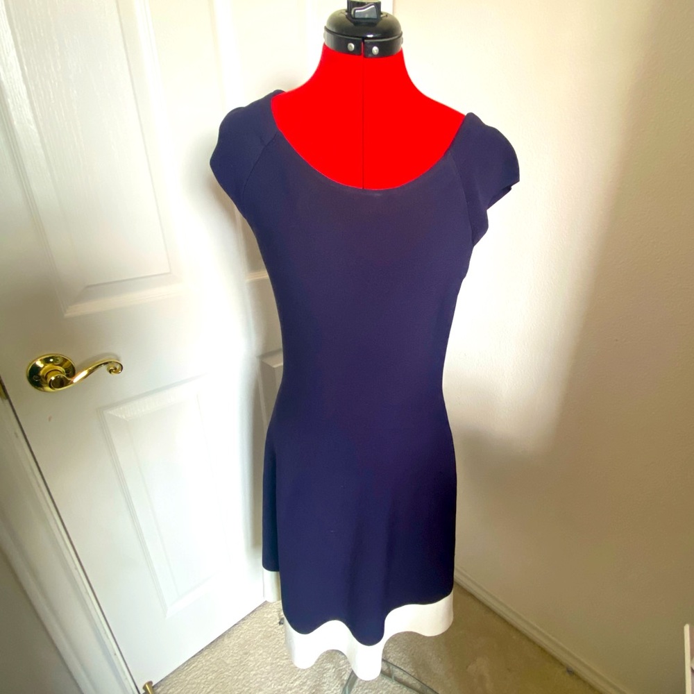 Nordstrom Eliza J Navy Blue & White striped MIDI Dress, Size 12